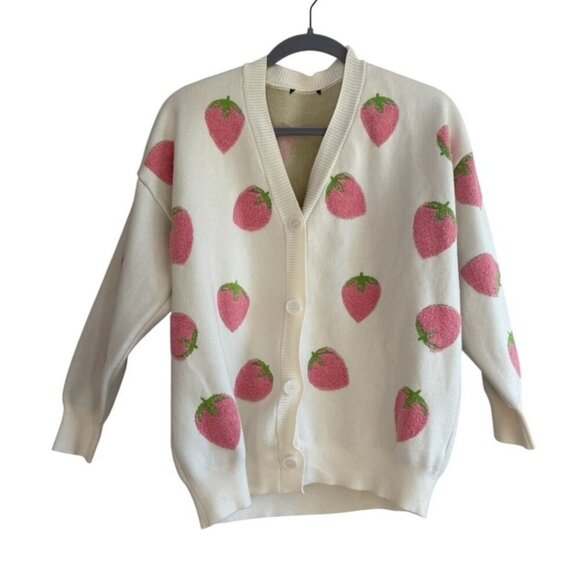 Forever 21 Strawberry Print Cream Cardigan Oversized Fit Medium - Picture 1 of 5